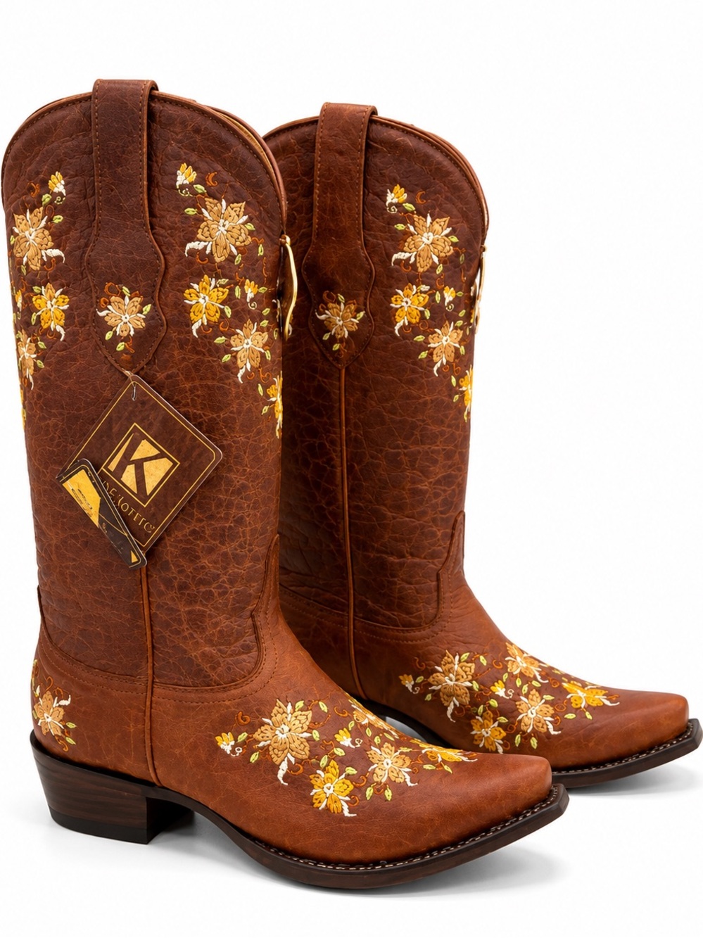 King Exotic Western Embroidered Cowgirl Boots - Brown & Yellow Floral